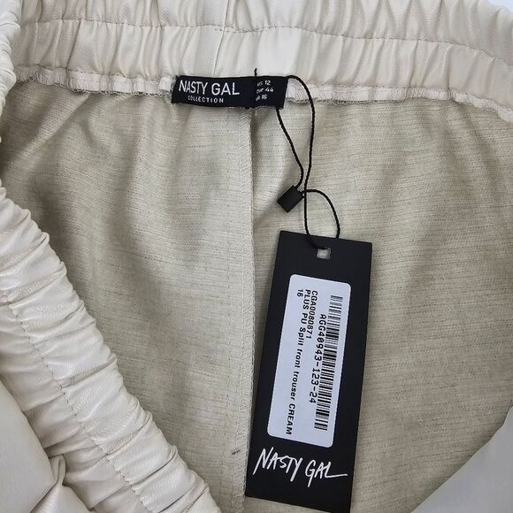 Nasty Gal Faux Leather Split Hem Trouser Cream Pants Size 12 - Picture 8 of 8